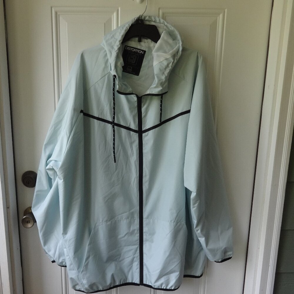 Distortion women's size 2XLT, wind breaker, light blue with black trim, hooded